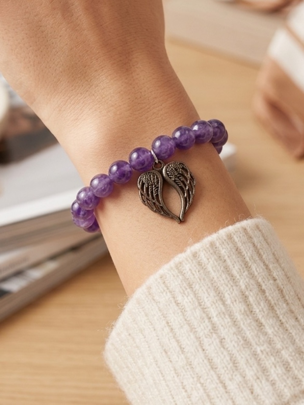 Purple Beaded Bracelet with Angel Wing Charm - Women Jewelry